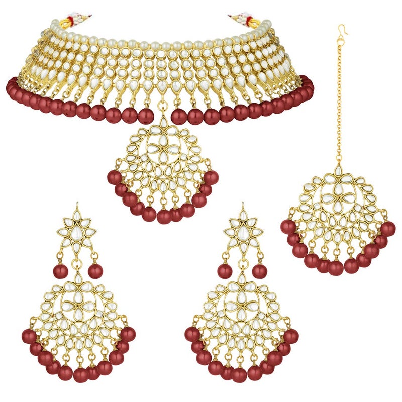 Aheli Faux Kundan Beaded Necklace with Earrings & Maang Tikka Indian Bollywood Ethnic Jewelry Set for Women - Image 1